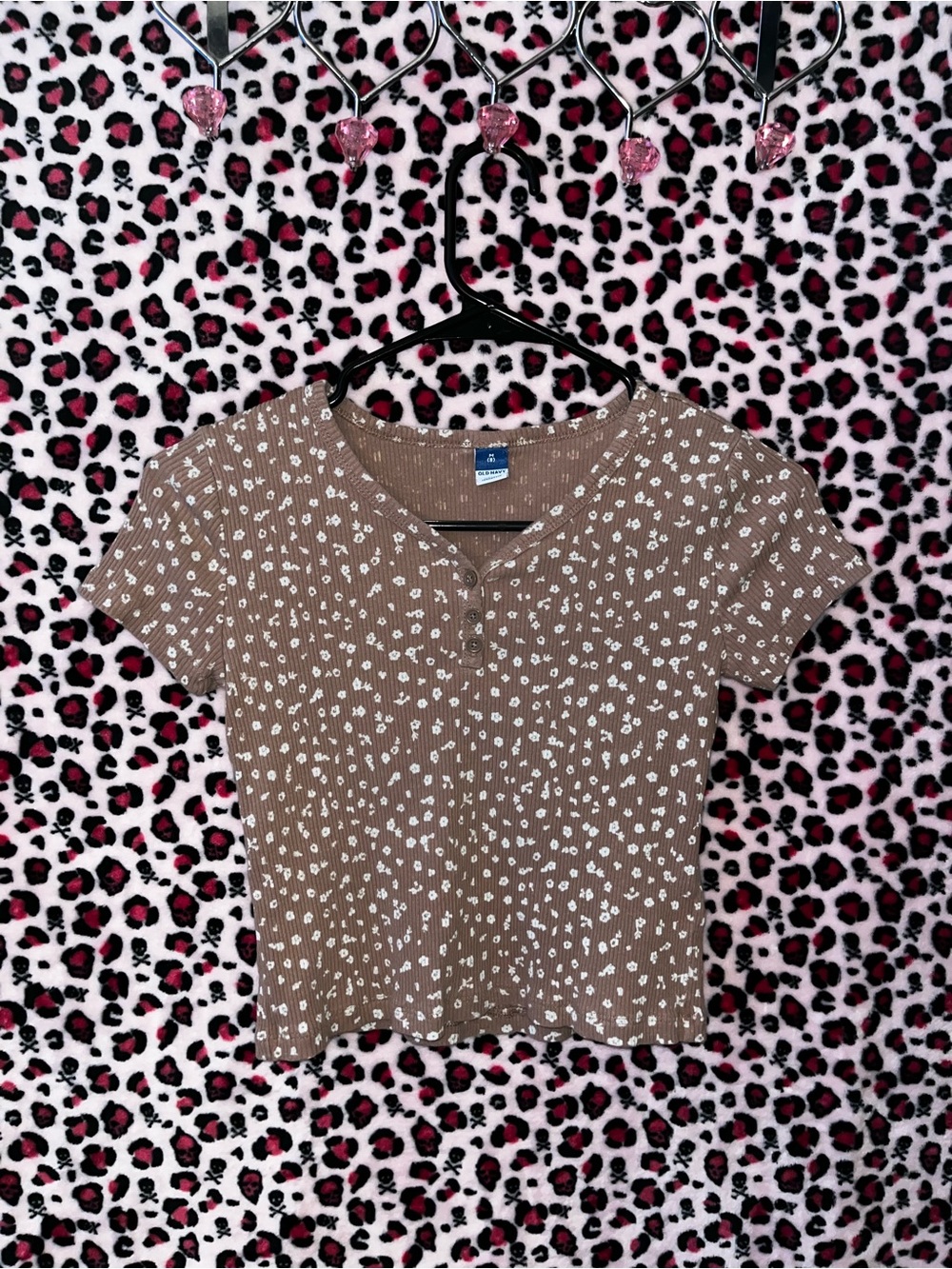 Old Navy Brown Floral Ribbed Henley Crop Top